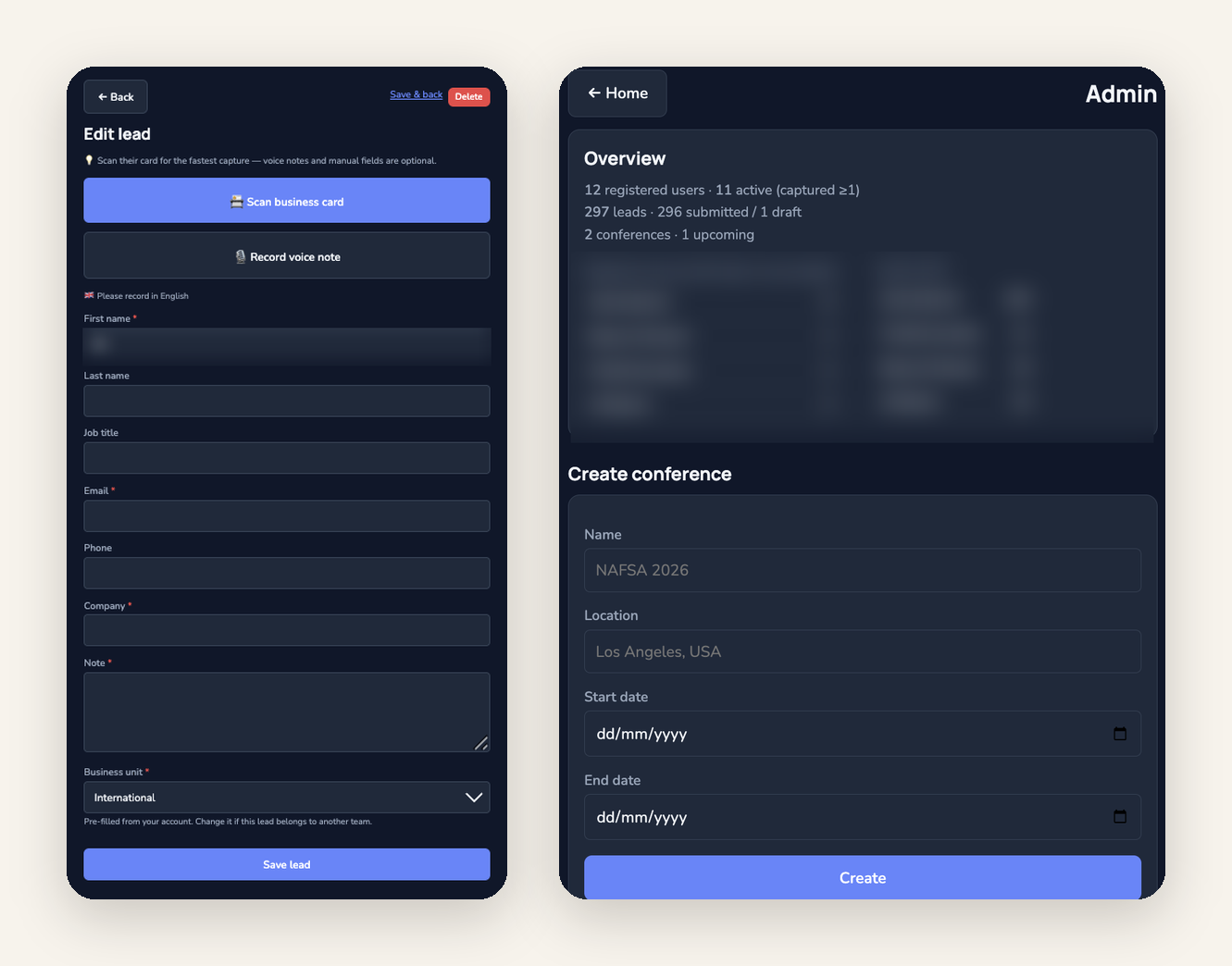Conference lead capture app: lead form and admin overview